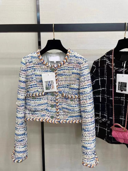 European Station 2023 Autumn and Winter Colorful Woven Wool Tweed Tops Temperament Socialite Small Fragrance Style Short Jackets Women