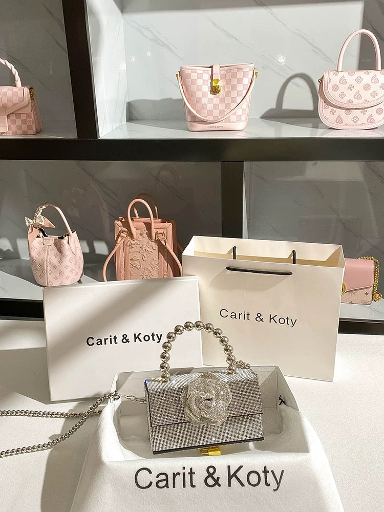 Carit Koty French rhinestone flower evening bag women's 2023 new high-end pearl chain box bag