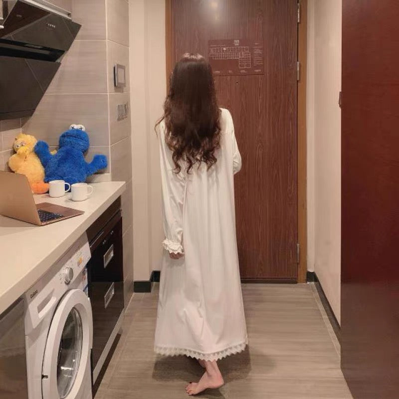 Palace style long-sleeved lace nightgown for women 2023 new spring Korean style cute princess home wear long skirt trendy for outer wear