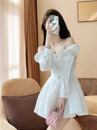Tea break milk sweet waist dress first love one-shoulder pure desire moonlight white slimming celebrity sweet short tutu skirt (D018)
