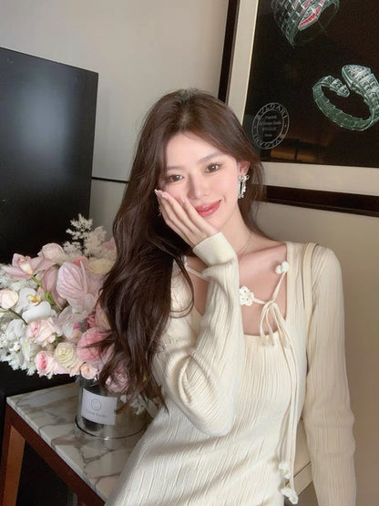 ByYou autumn and winter gentle style wool white square neck long-sleeved knitted dress mid-length slim sweater skirt
