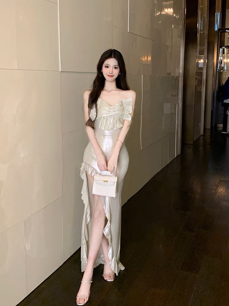 Pure lust style slit halterneck long skirt for women, summer temperament, socialite slim fit, first love dress, fairy style, super fairy style