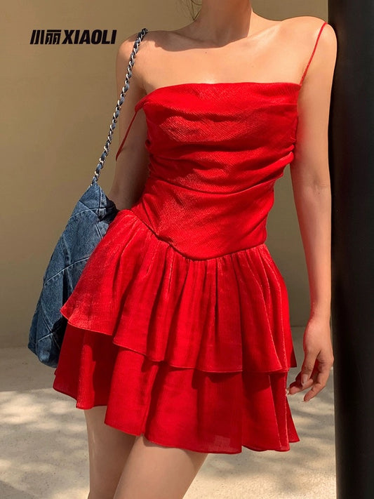 Xiaoli XIAOLI Bihai Yinsha acetate suspender dress spring and summer dopamine wear small A-line short skirt