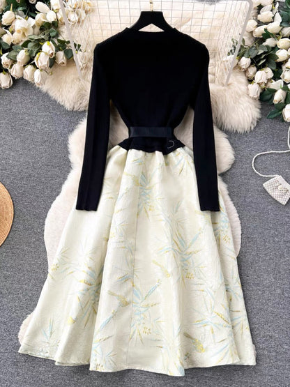 French high-end Hepburn style light luxury dress for women autumn and winter knitted splicing jacquard fluffy dress (D0998)