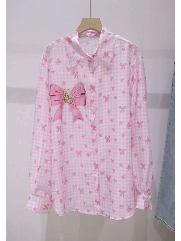 Drape light and thin bow bear hot diamond 2024 summer loose medium and long hip-length long-sleeved sun protection shirt for women
