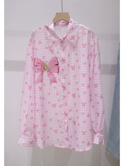 Drape light and thin bow bear hot diamond 2024 summer loose medium and long hip-length long-sleeved sun protection shirt for women