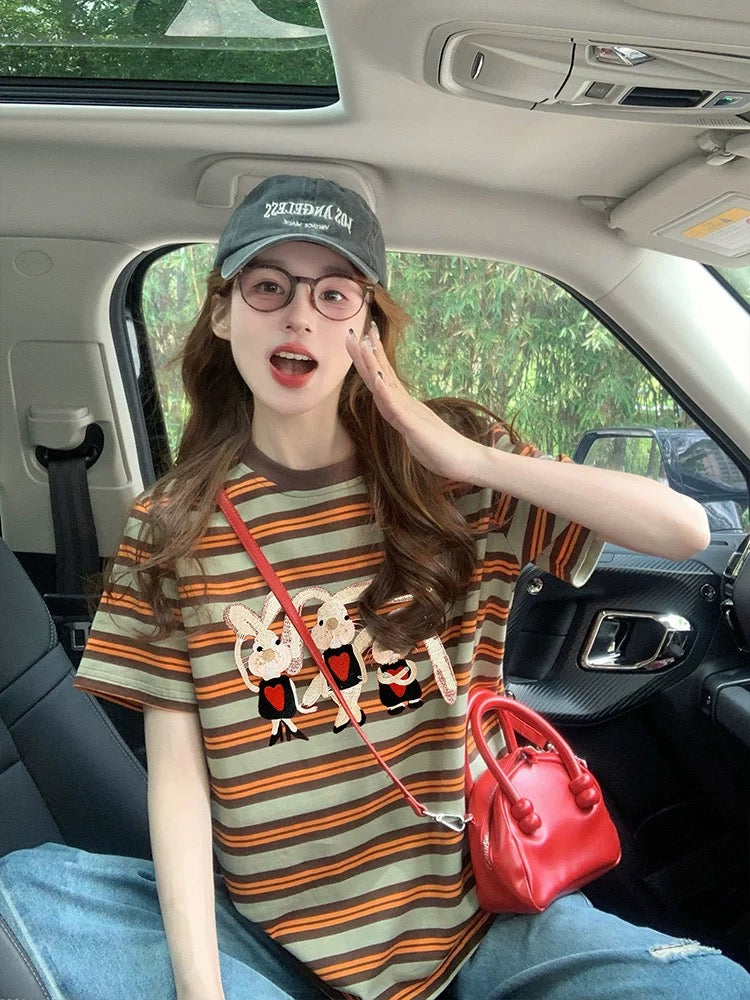 Rabbit print striped short-sleeved T-shirt for women 2025 new summer European goods high-end shoulder loose western-style top