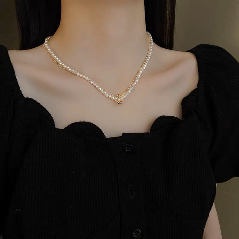Real gold electroplating love pearl necklace French retro sweet double clavicle chain net red all-match temperament necklace female