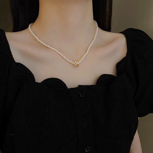 Real gold electroplating love pearl necklace French retro sweet double clavicle chain net red all-match temperament necklace female