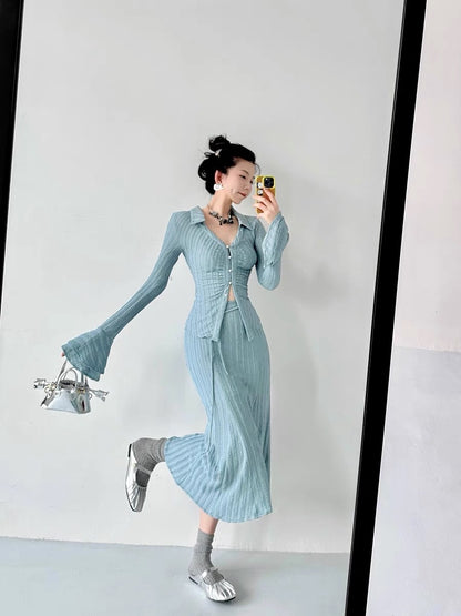Le Disa Design Blue Knitted Cardigan Bell Sleeve Suit Women's High Waist Slim Slim Skirt Two-piece Set