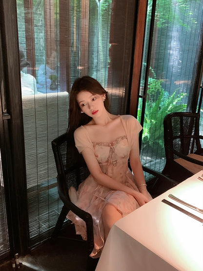 ByYou summer pink fungus printed chiffon suspender dress with waist and slimming skirt fairy skirt