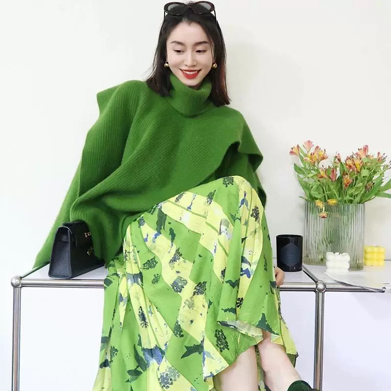 Green sweater suit skirt slightly fat and age-reducing 2023 winter new salt style light and mature two-piece set with a complete set
