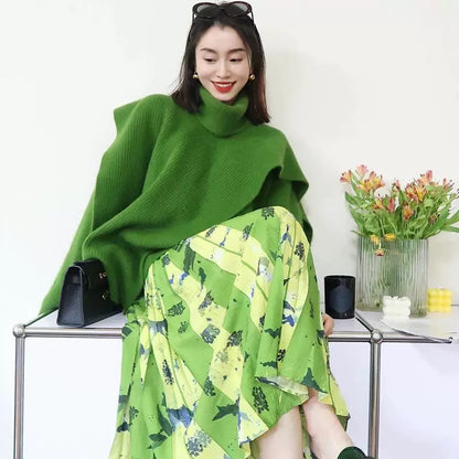 Green sweater suit skirt slightly fat and age-reducing 2023 winter new salt style light and mature two-piece set with a complete set