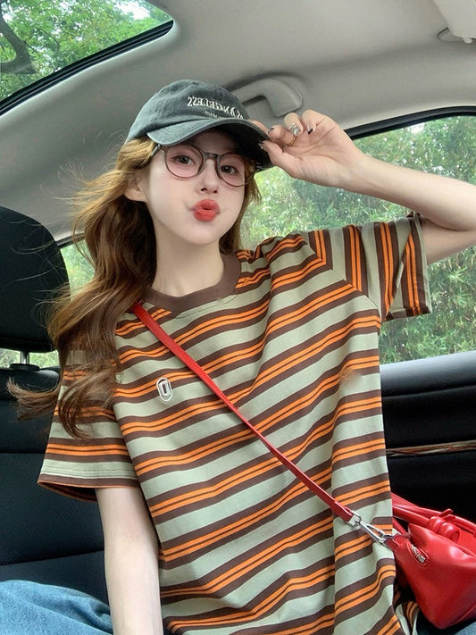 American retro striped short-sleeved T-shirt for women 2025 new summer letter embroidery design loose short-sleeved top