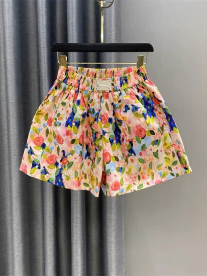 Small fresh floral wide-leg shorts for women 2023 summer new style printed age-reducing elastic waist a-line slimming hot pants
