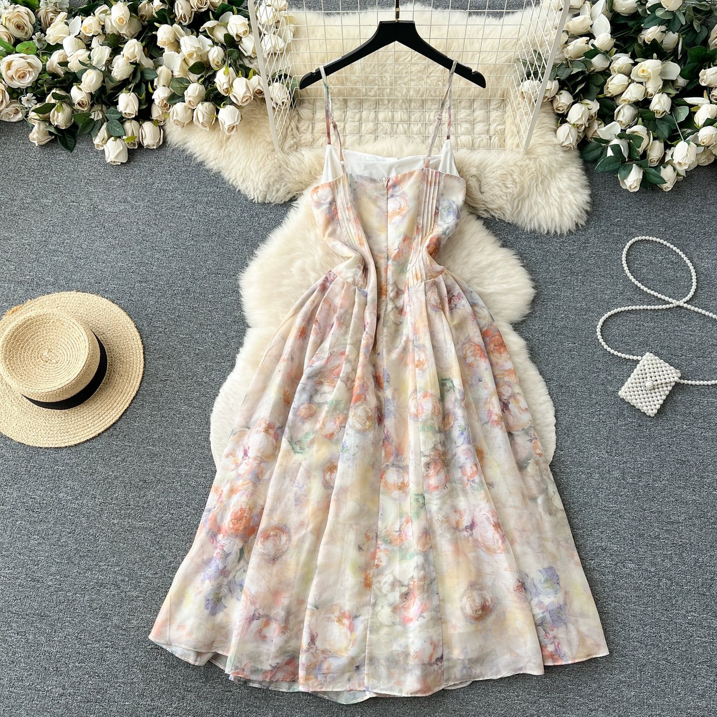 French floral chiffon suspender dress for women summer new high-waist slimming temperament super fairy style holiday long skirt