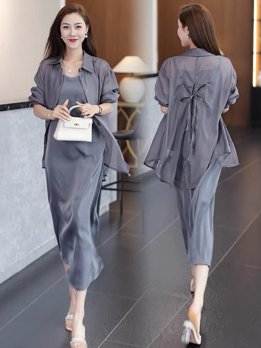 Mid-length suspender dress suit for women summer 2024 new thin loose casual sun protection shirt set