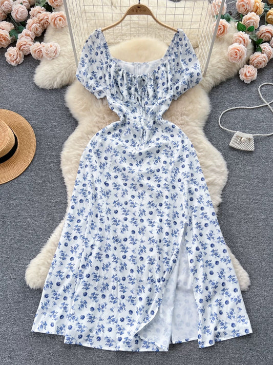 French pure desire high-grade floral puff sleeve dress for women summer slim temperament super fairy forest style slit long skirt