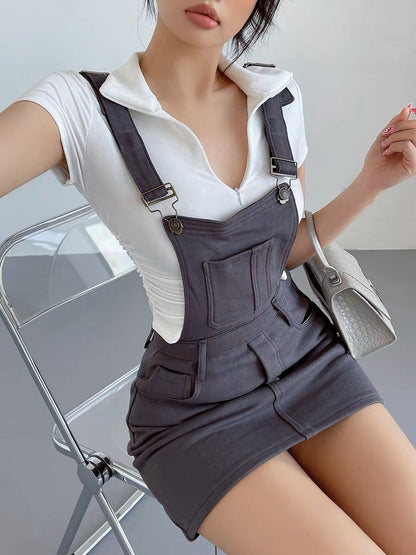 liviahome American retro college style adjustable knitted suspender skirt for women slimming and hip-hugging short skirt (J198)