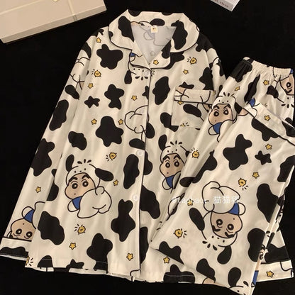 ins cartoon crayon shin-chan couple pajamas long-sleeved set pure cotton spring and autumn thin section stitch men and women home clothes