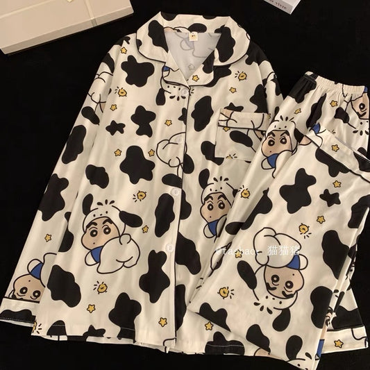ins cartoon crayon shin-chan couple pajamas long-sleeved set pure cotton spring and autumn thin section stitch men and women home clothes