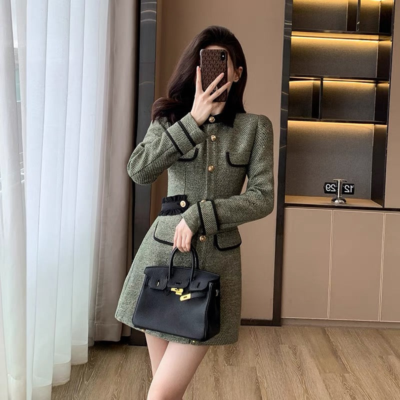 Green small fragrant style long-sleeved dress for women autumn 2023 new style French light luxury celebrity single-breasted contrasting color skirt