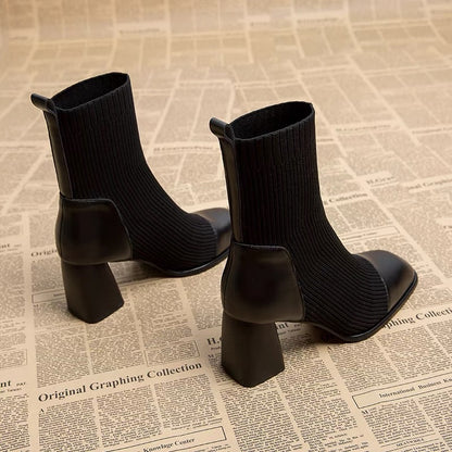 High-heeled short boots for women 2023 autumn and winter new square toe women's boots medium thick heel thin sock boots versatile Martin boots