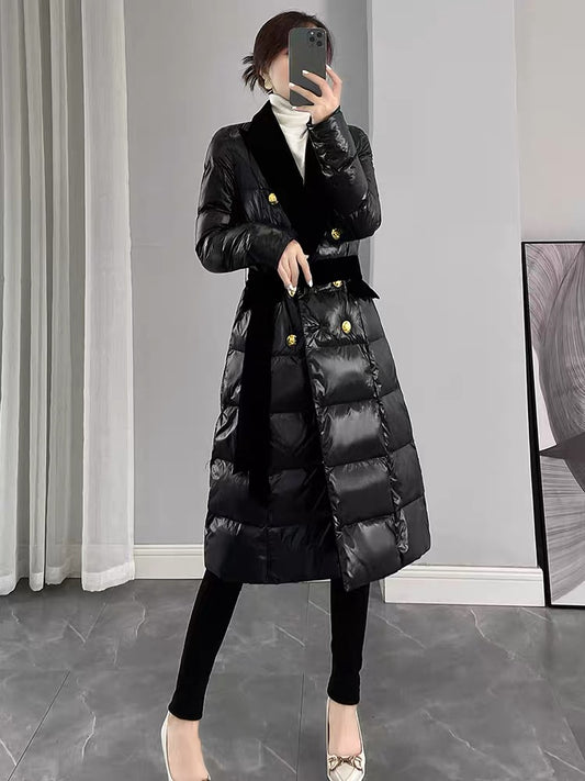 Black glossy down jacket for women 2023 new winter Korean style slimming women's mid-length white duck down jacket