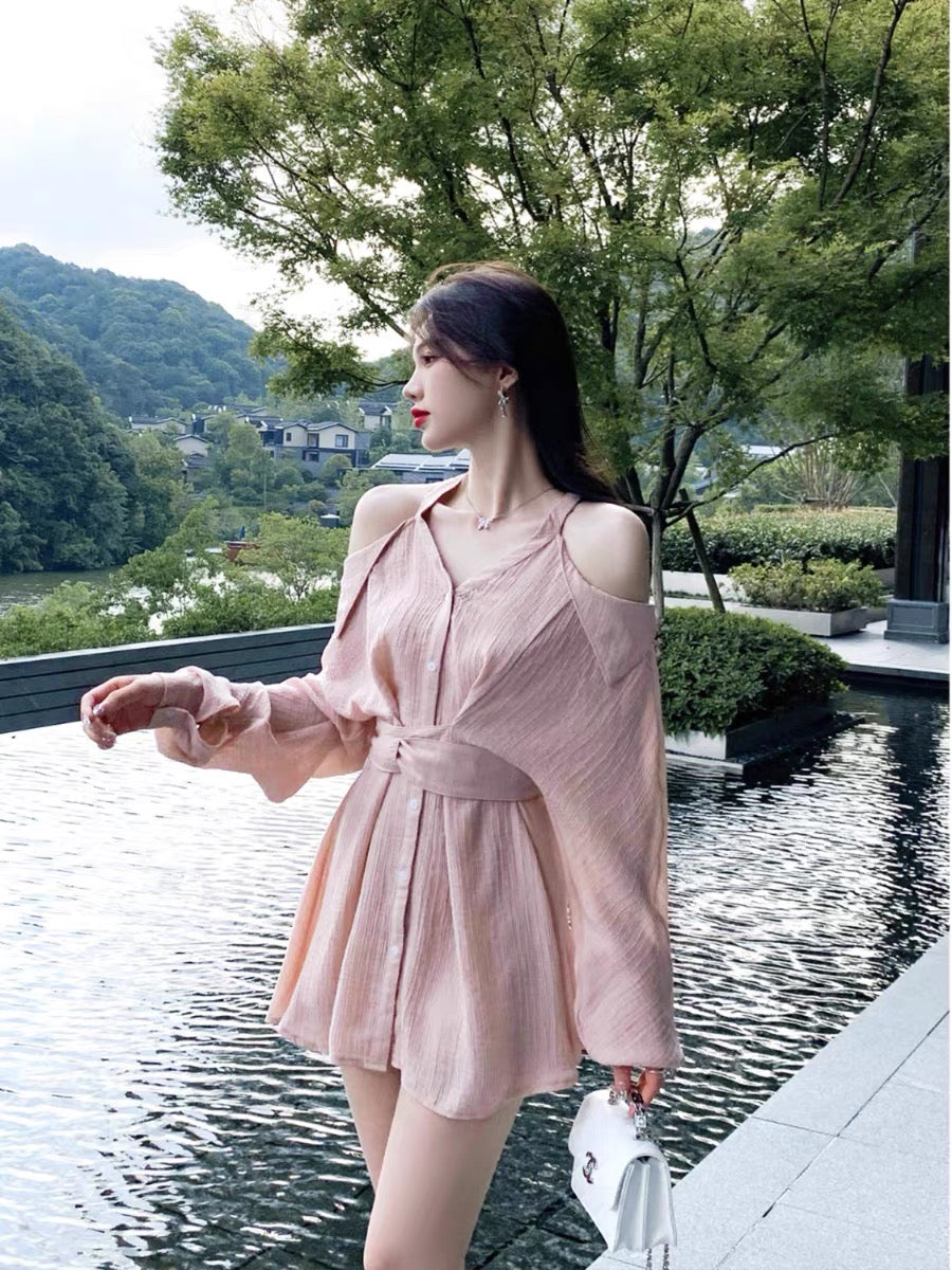 EUSKY IIWAN spring and summer V-neck halter neck off-shoulder pink shirt dress short skirt pure desire petite dress for women (D960)