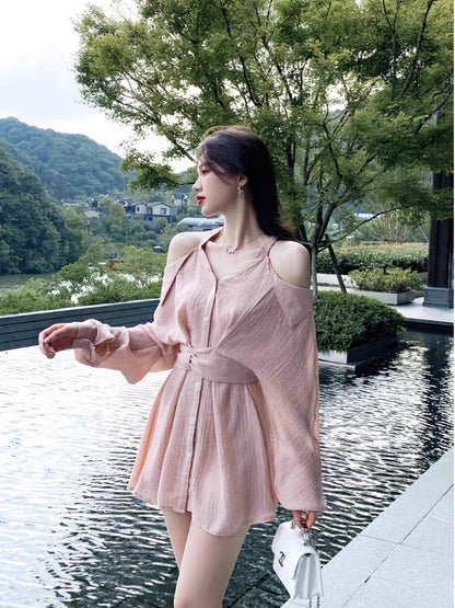 EUSKY IIWAN spring and summer V-neck halter neck off-shoulder pink shirt dress short skirt pure desire petite dress for women (D960)