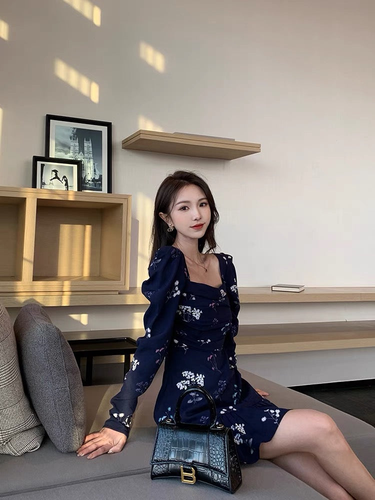 Juicecola French floral square neck dress for women spring and autumn new style ladylike temperament high-end light luxury dress D678