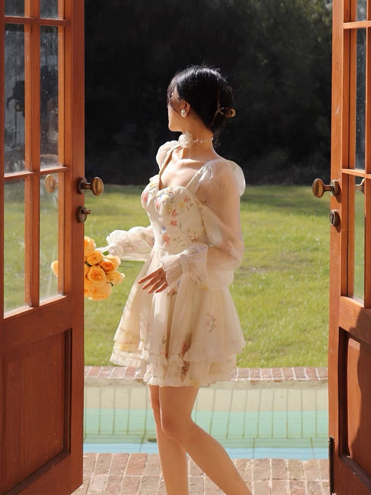 Thirteen and Little French Dress Women's Spring Waist Square Neck Long Sleeve Cake Dress White Floral Skirt