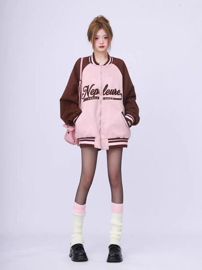 American retro high street raglan sleeves spliced pink suede baseball jacket women's spring and autumn loose heavyweight jacket A3346