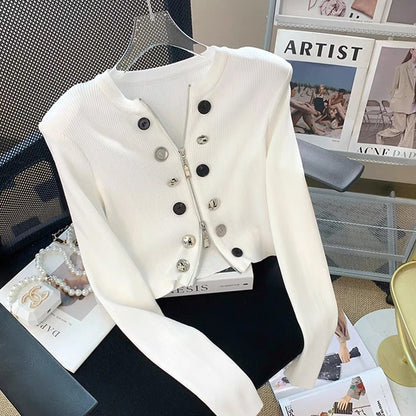 2023 Autumn Small Fragrance Style Double-breasted Decorated Knitted Cardigan Short Style Fashionable and Versatile Design Zipper Top for Women V1138