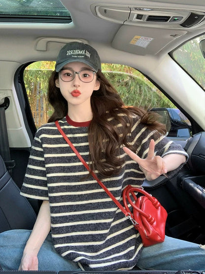 Striped brushed short-sleeved T-shirt for women 2025 new spring and summer design contrast color lazy style loose casual tops