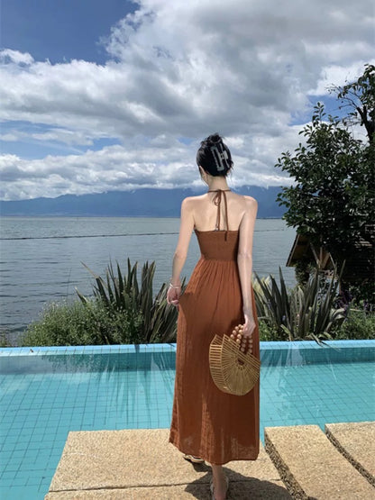 Thailand Phuket Xishuangbanna travel outfit ethnic style sexy backless halter neck suspender dress female summer