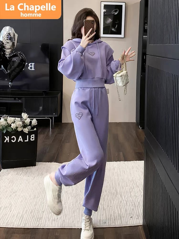 La Chapelle Purple Casual Sports Suit Women's Autumn 2023 New Fashion Style Hooded Sweatshirt Two-piece Set