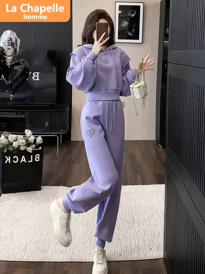 La Chapelle Purple Casual Sports Suit Women's Autumn 2023 New Fashion Style Hooded Sweatshirt Two-piece Set