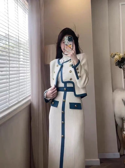 High-end small fragrance style fashionable contrasting color metal buckle short jacket suspender long skirt suit spring and autumn new two-piece set