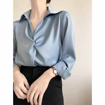 ACHU Love at First Sight Blue Satin Shirt Women's Professional Commuting OL Interview Shirt Design Top Light Mature T367