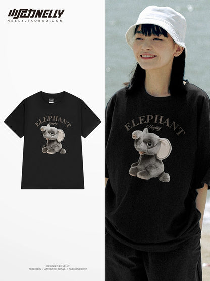 chic Hong Kong style elephant print pure cotton short-sleeved T-shirt for men and women loose Korean style new half-sleeved style age-reducing tops