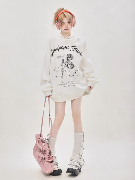 American retro lazy chic trendy brand oversize rose black sweatshirt women's hooded couple wear spring and autumn style A3352