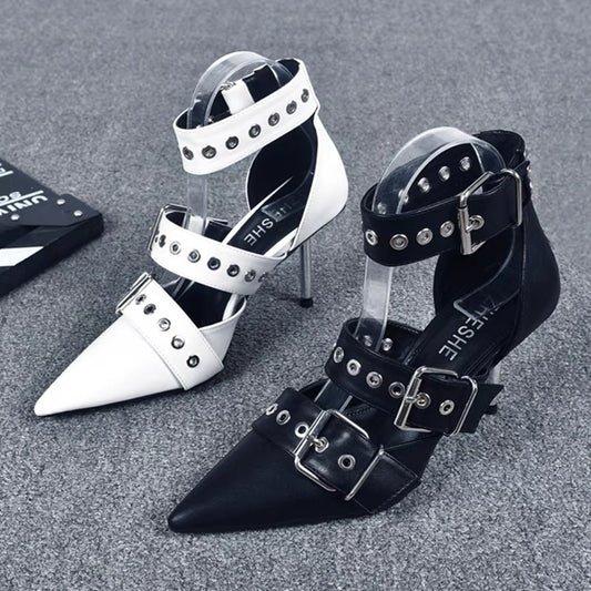 Street cool and handsome punk style high-heeled sandals, feminine metal buckle stiletto pointed toe hot girl toe white high heels