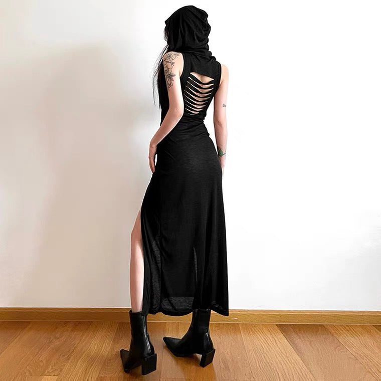 SylCue Dune Wasteland Style Sexy Sleeveless Dress Women's Slim and Height Slit Hooded Long Skirt