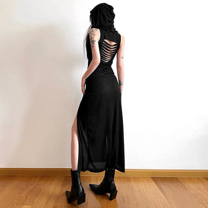 SylCue Dune Wasteland Style Sexy Sleeveless Dress Women's Slim and Height Slit Hooded Long Skirt