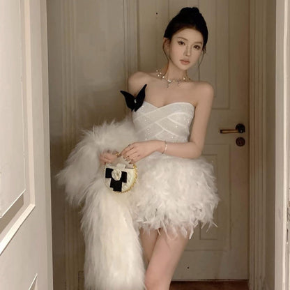 Sexy tube top dress female summer celebrity white birthday dress skirt temperament slim waist furry skirt