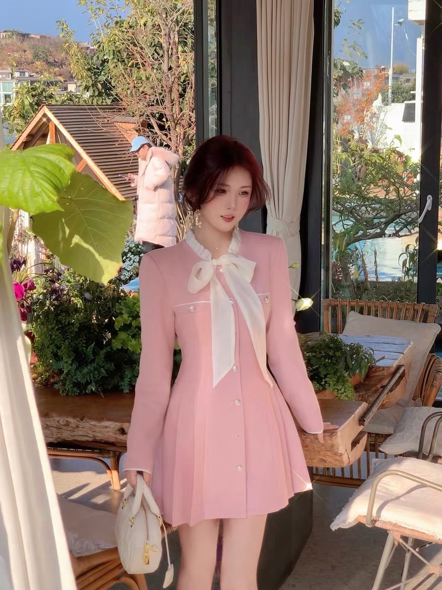 pinkpo French elegant suit fabric pleated skirt slim bow dress (D219)