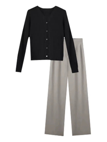 Autumn outfit with a complete set of salt-based net red fried street look thin black knitted cardigan top wide-leg pants two-piece set for women