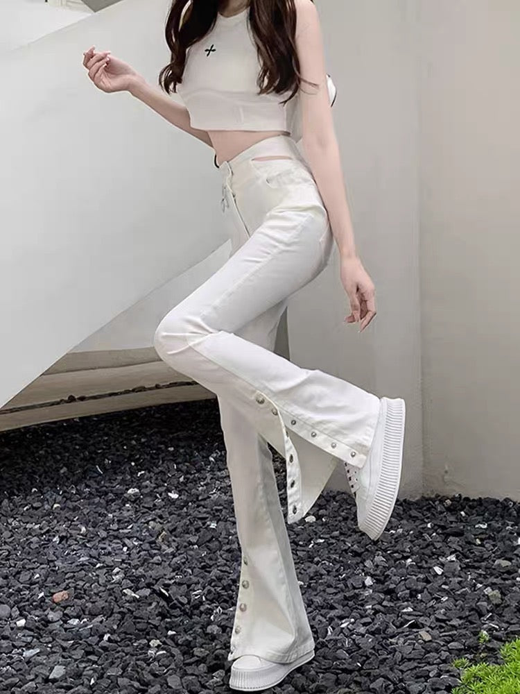 2023 new autumn niche design micro-flare jeans for women high-waist slim slimming slit wide-leg trousers (B3916)