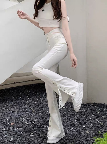 2023 new autumn niche design micro-flare jeans for women high-waist slim slimming slit wide-leg trousers (B3916)